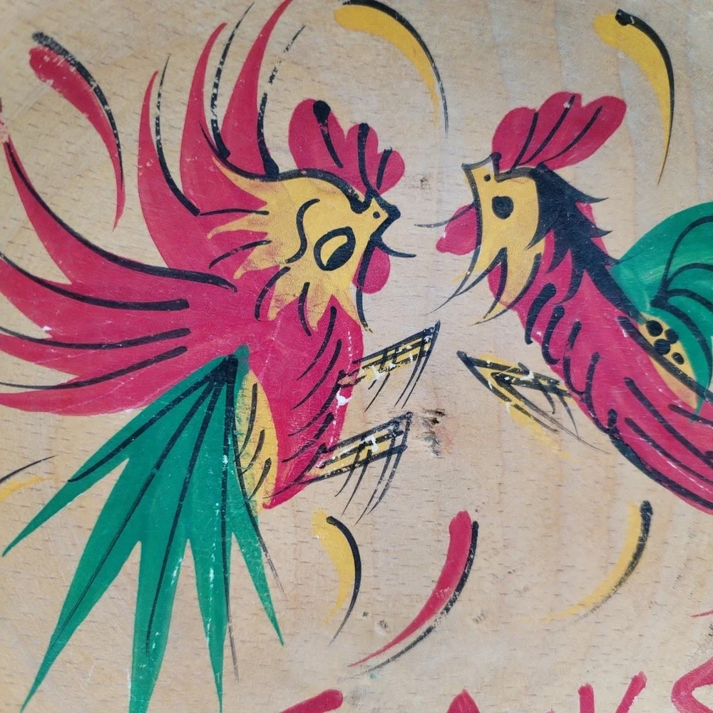 Vintage Hand Painted Wooden Rooster Snack Bowl Handle MCM‎ Folk Art Foreign Mark